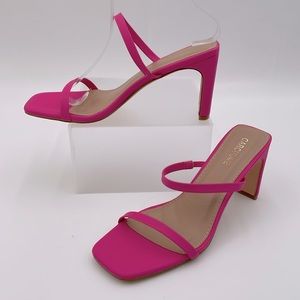 Carcuume Square Toe Two Strap 3.5” Block Heel Slip On Sandal Hot Pink Fauna- 8.5